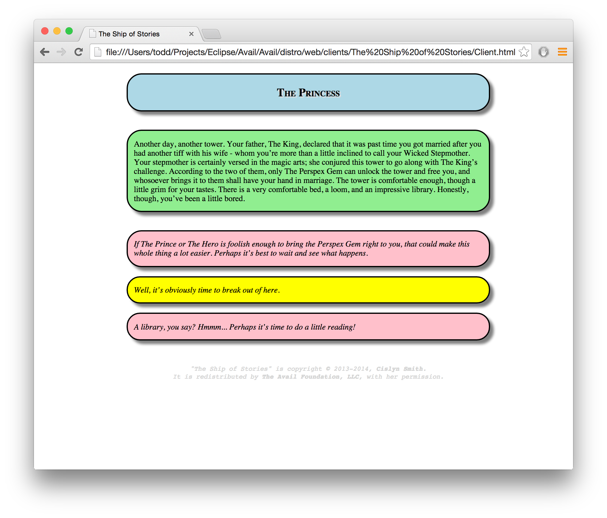 The web workbench playing The Ship of Stories as the Princess.