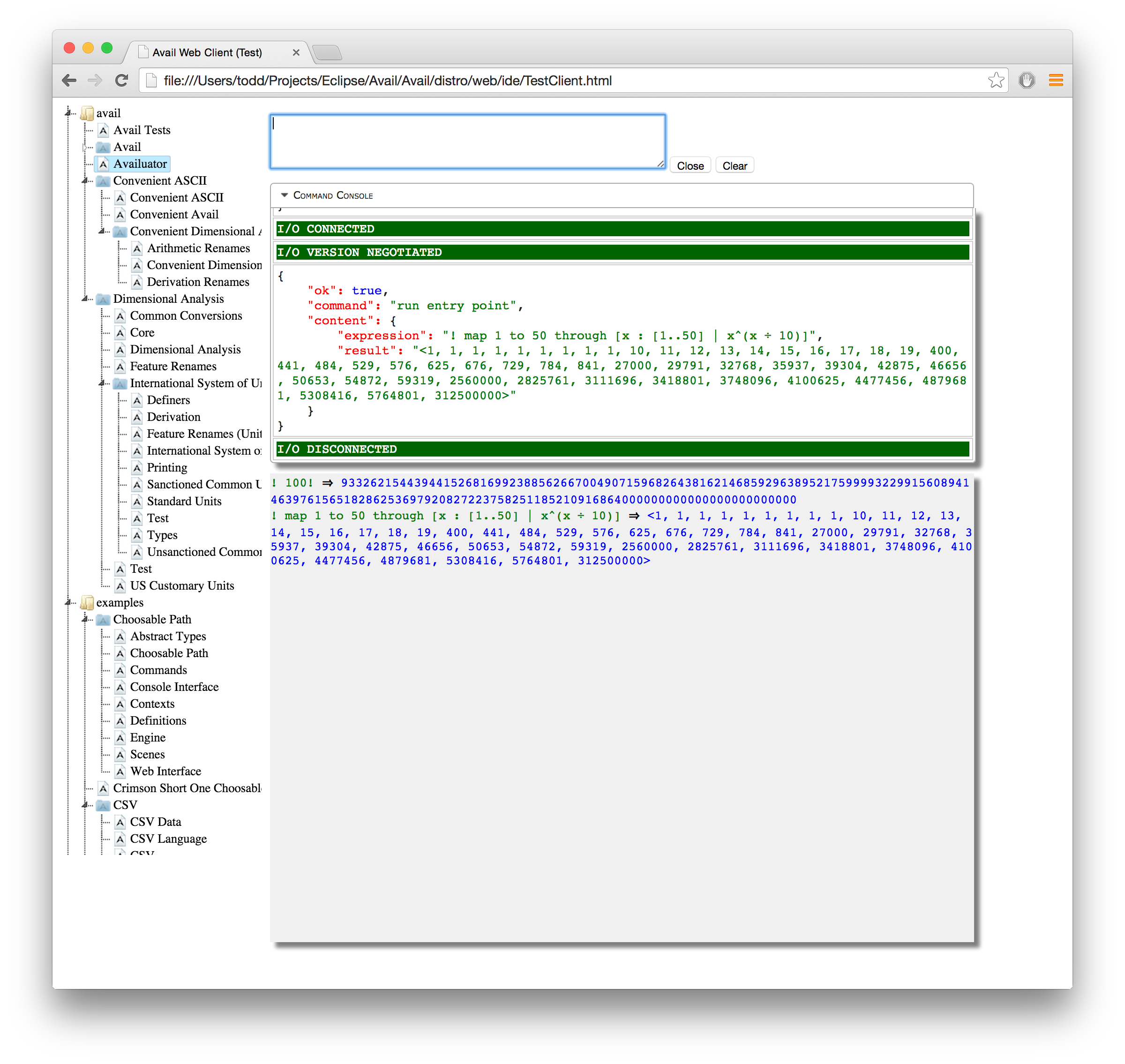 The web workbench with an Availuator transcript and an open command console.