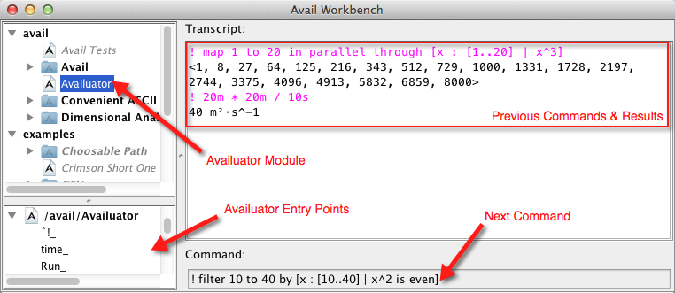 A screenshot of the Avail workbench having run several expressions and poised to run another one.