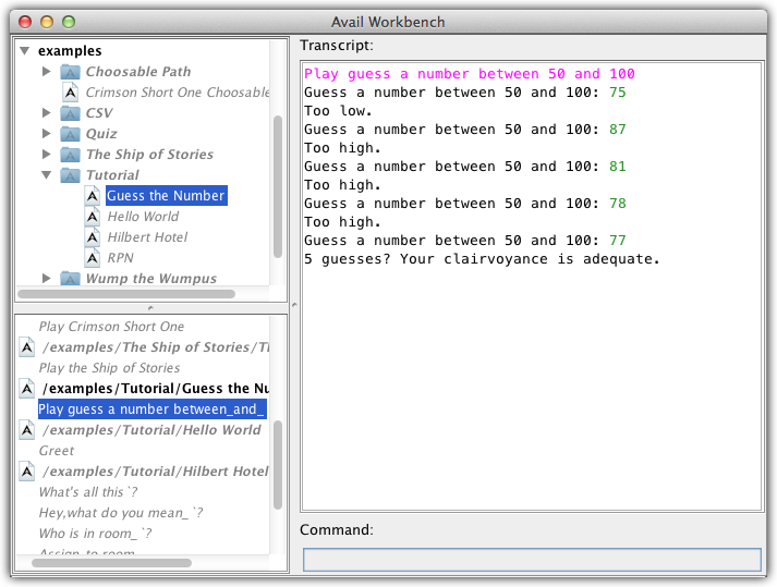 A sample transcript of "Play guess a number between_and_".